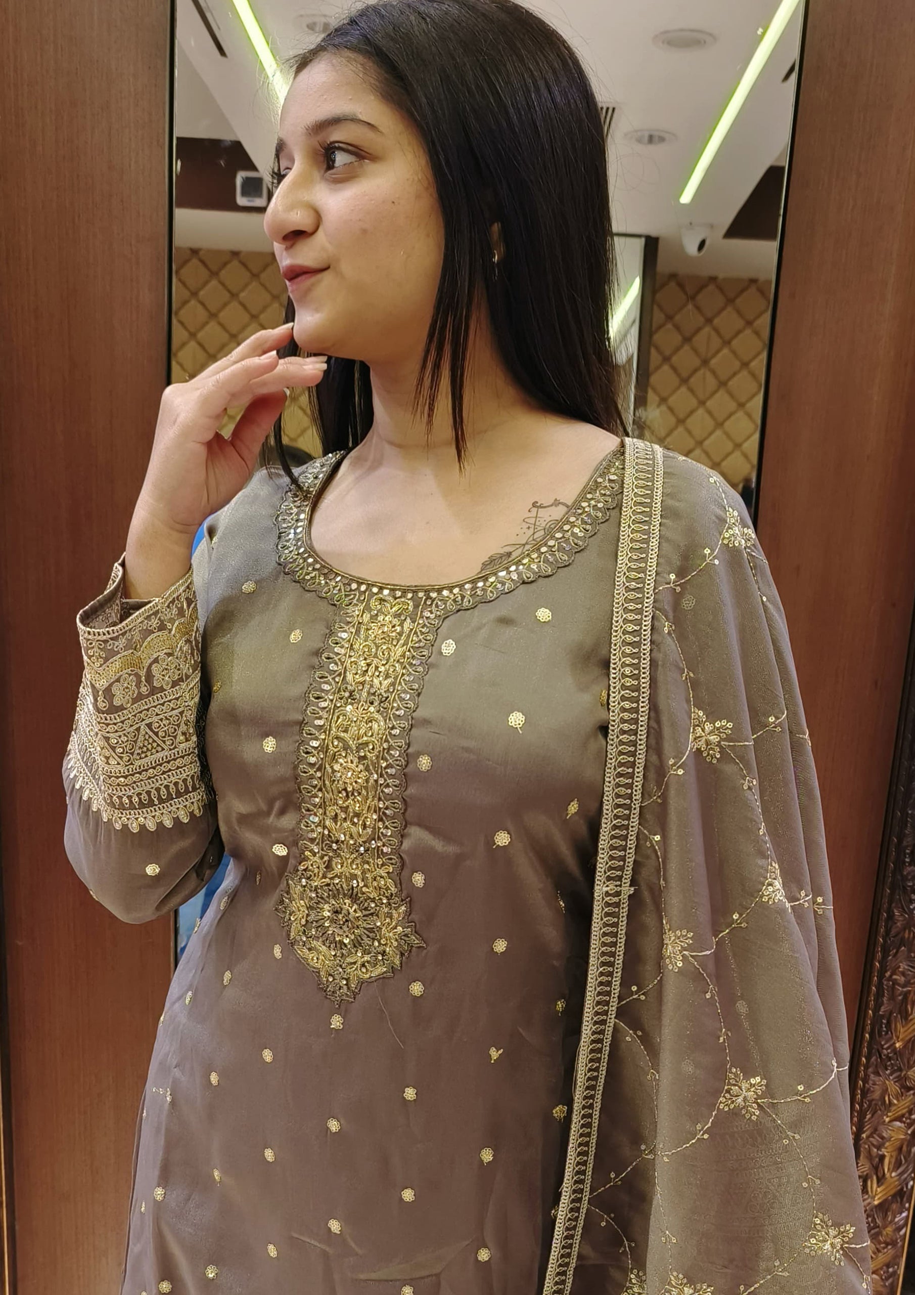 Mehndi Color Organza Hand Work Palazzo Suit